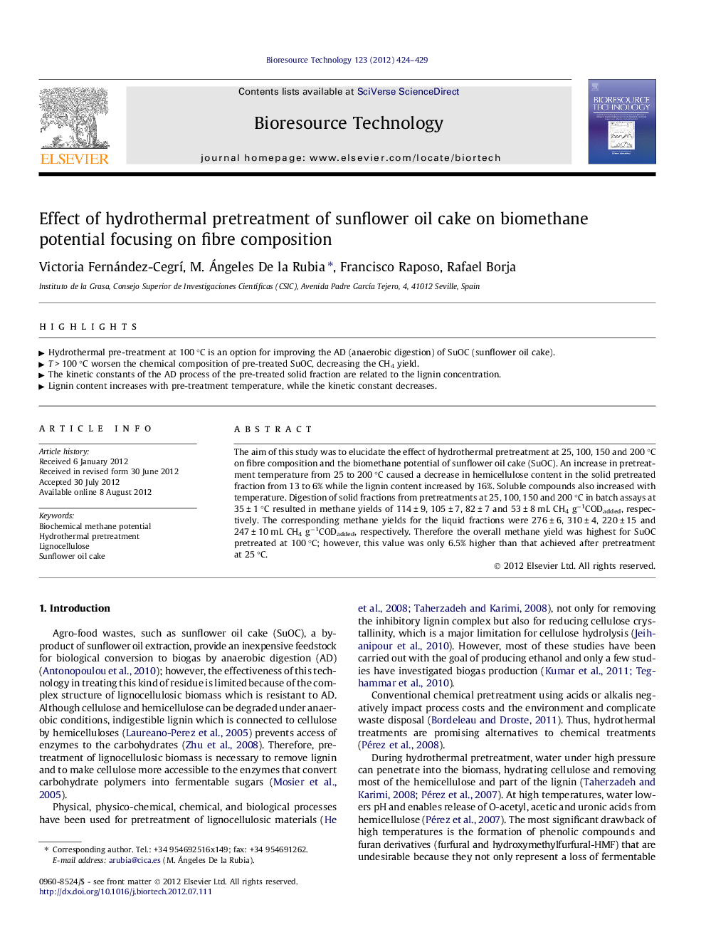 عکس صفحه اول مقاله: Effect of hydrothermal pretreatment of sunflower oil cake on biomethane potential focusing on fibre composition Effect of hydrothermal pretreatment of sunflower oil cake on biomethane potential focusing on fibre composition