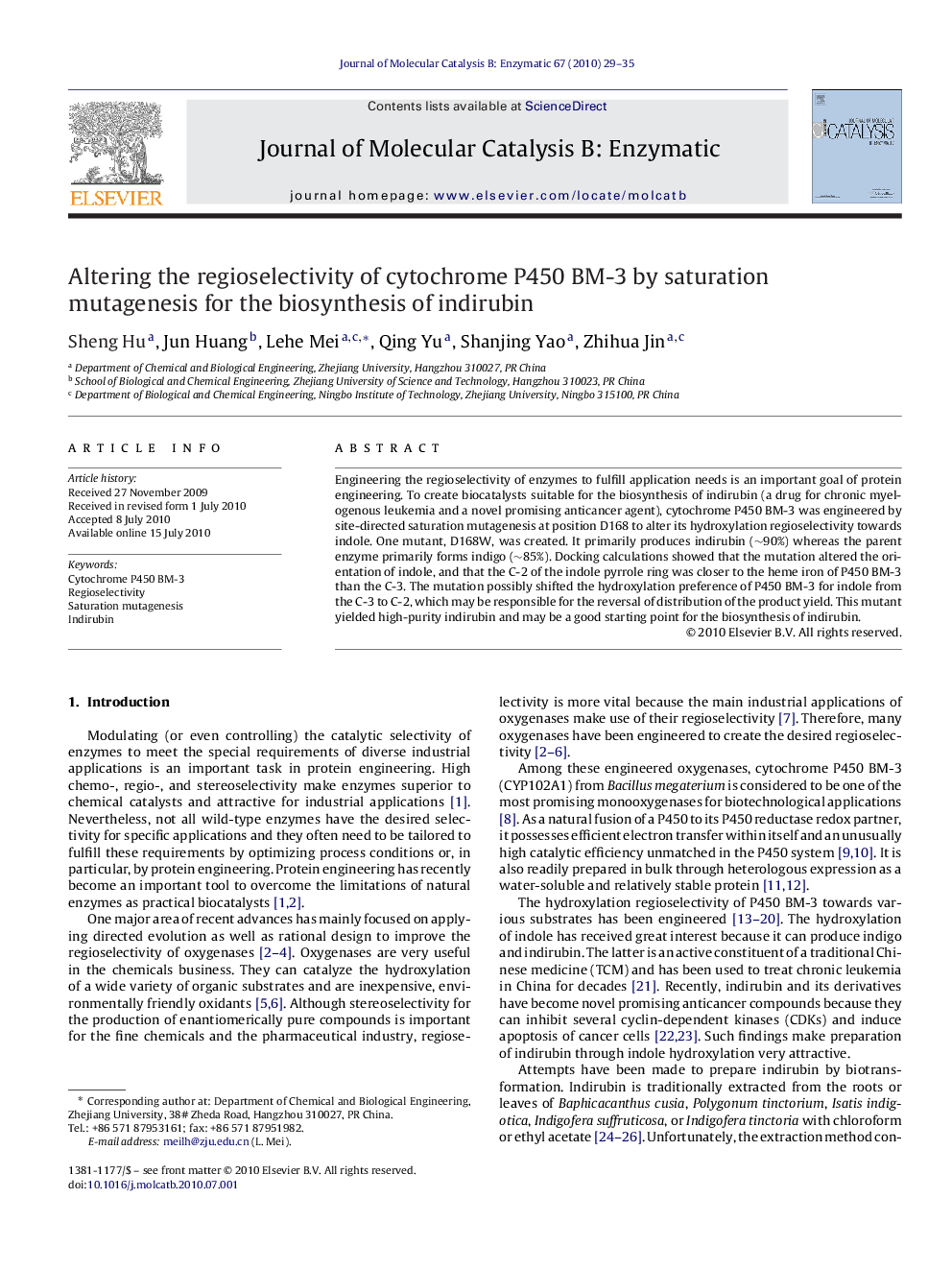 Altering the regioselectivity of cytochrome P450 BM-3 by saturation mutagenesis for the biosynthesis of indirubin