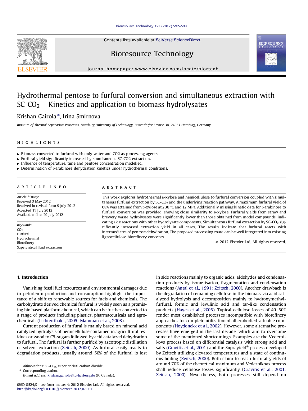 Hydrothermal pentose to furfural conversion and simultaneous extraction with SC-CO2 - Kinetics and application to biomass hydrolysates