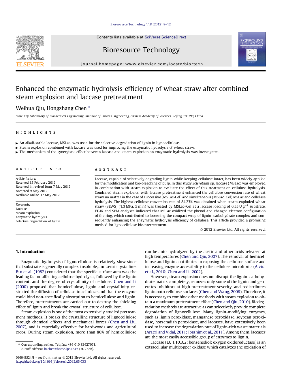 Enhanced the enzymatic hydrolysis efficiency of wheat straw after combined steam explosion and laccase pretreatment