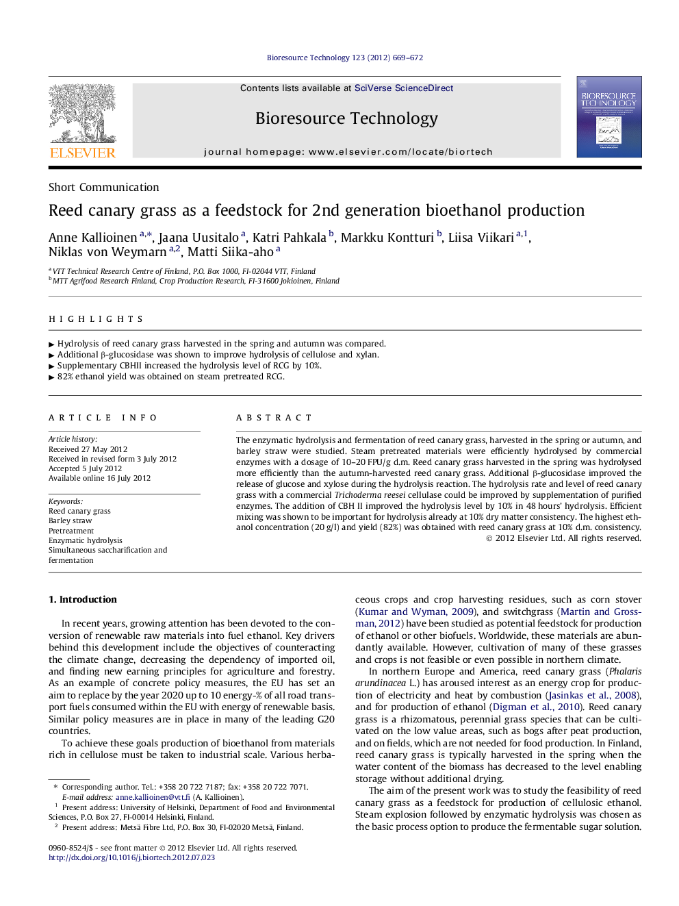 عکس صفحه اول مقاله: Reed canary grass as a feedstock for 2nd generation bioethanol production Reed canary grass as a feedstock for 2nd generation bioethanol production