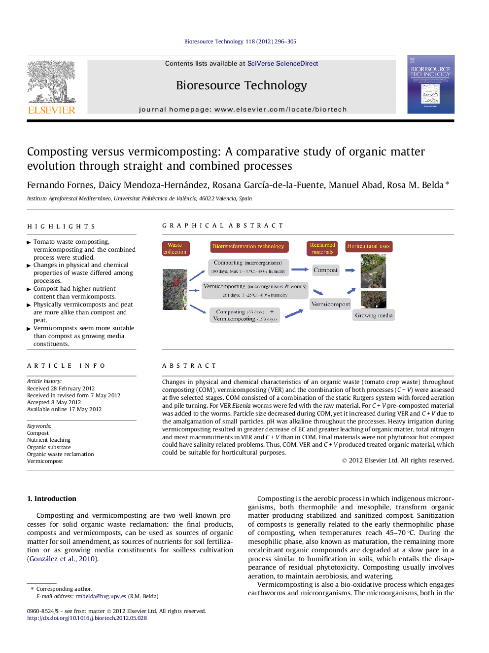 Composting versus vermicomposting: A comparative study of organic matter evolution through straight and combined processes