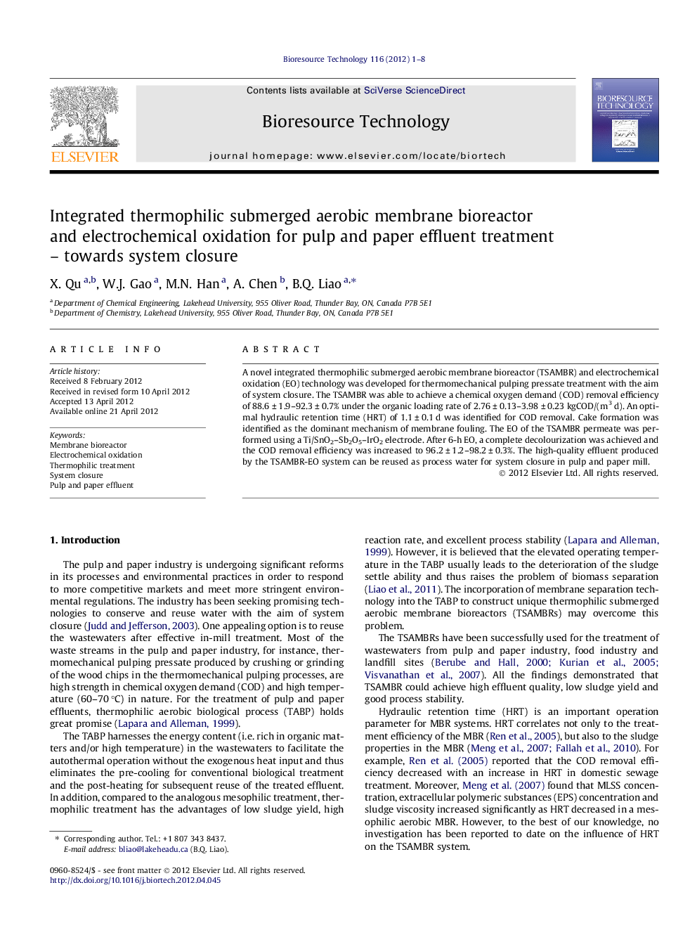 Integrated thermophilic submerged aerobic membrane bioreactor and electrochemical oxidation for pulp and paper effluent treatment - towards system closure