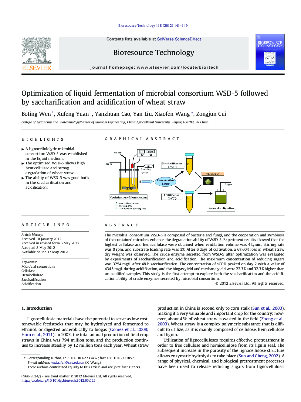 عکس صفحه اول مقاله: Optimization of liquid fermentation of microbial consortium WSD-5 followed by saccharification and acidification of wheat straw Optimization of liquid fermentation of microbial consortium WSD-5 followed by saccharification and acidification of wheat straw