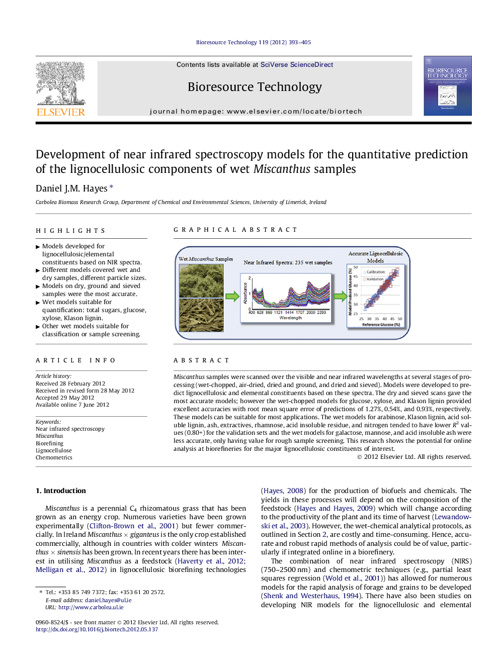 Development of near infrared spectroscopy models for the quantitative prediction of the lignocellulosic components of wet Miscanthus samples