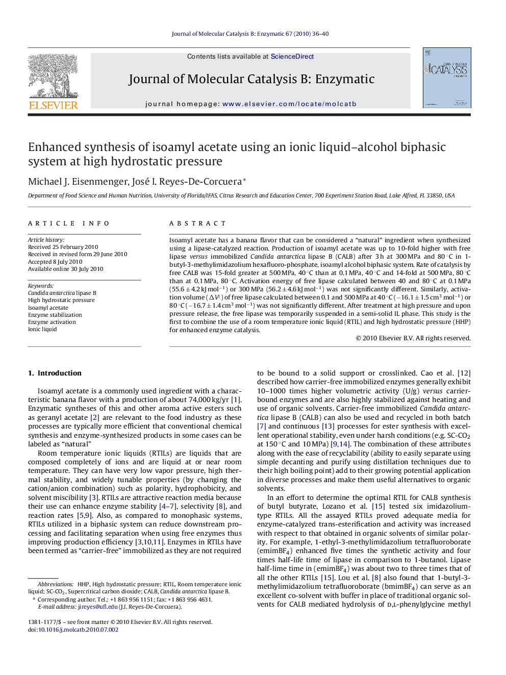 Enhanced synthesis of isoamyl acetate using an ionic liquid–alcohol biphasic system at high hydrostatic pressure