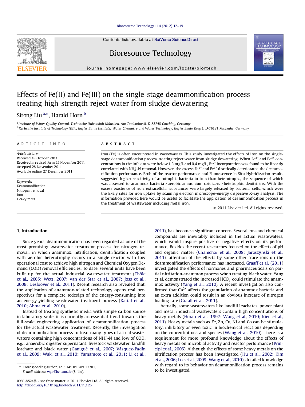 Effects of Fe(II) and Fe(III) on the single-stage deammonification process treating high-strength reject water from sludge dewatering