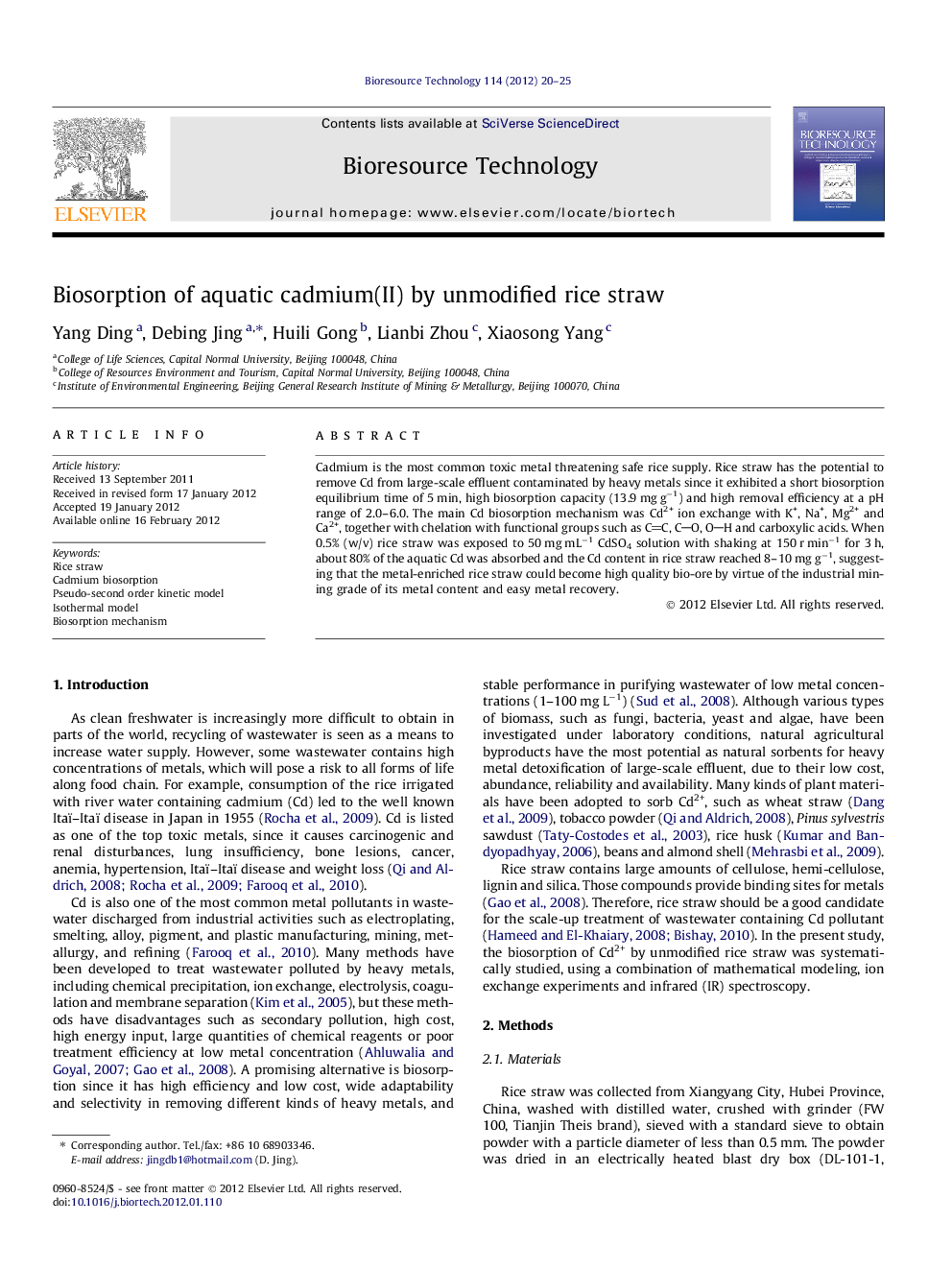 Biosorption of aquatic cadmium(II) by unmodified rice straw