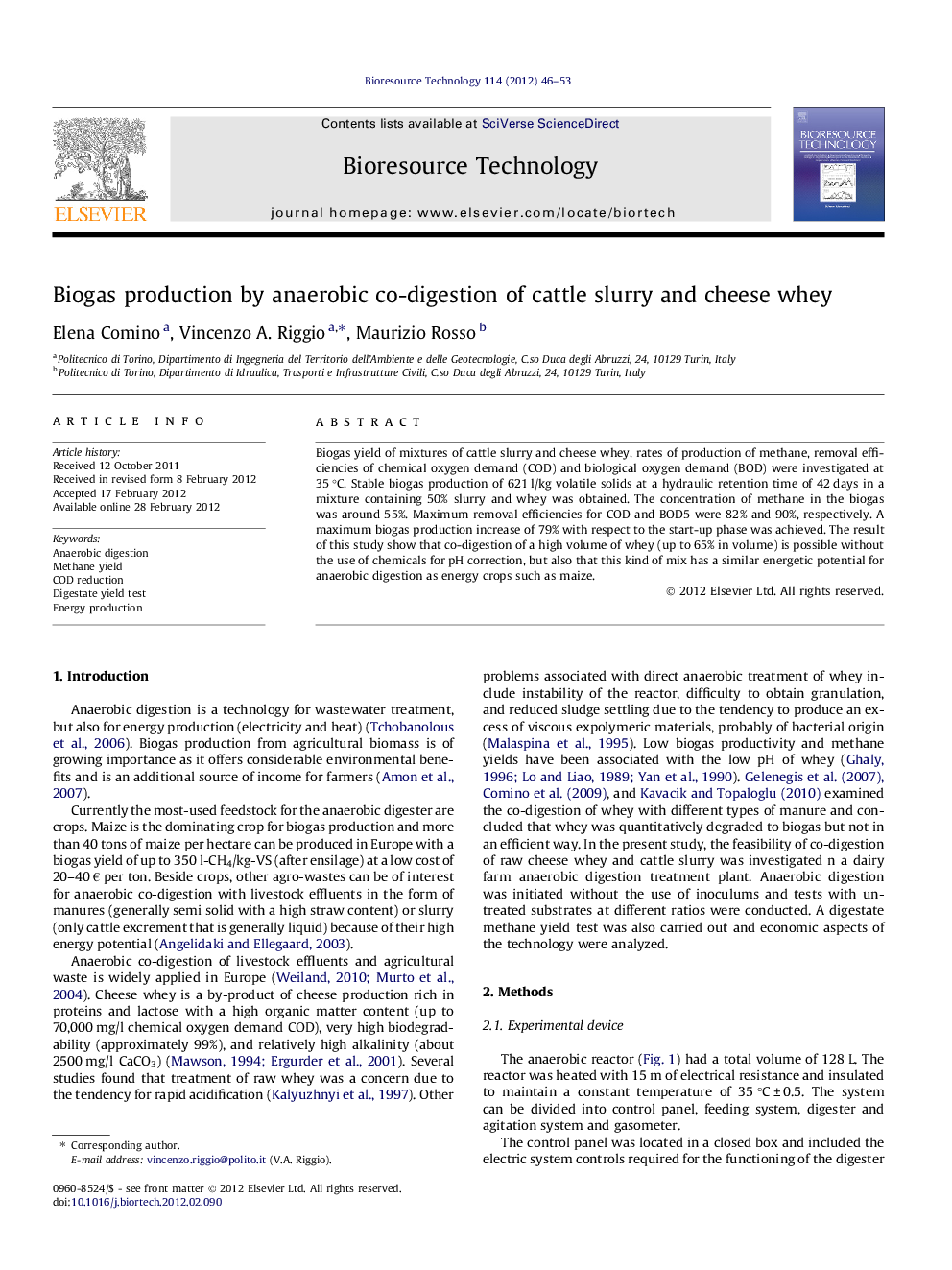 Biogas production by anaerobic co-digestion of cattle slurry and cheese whey