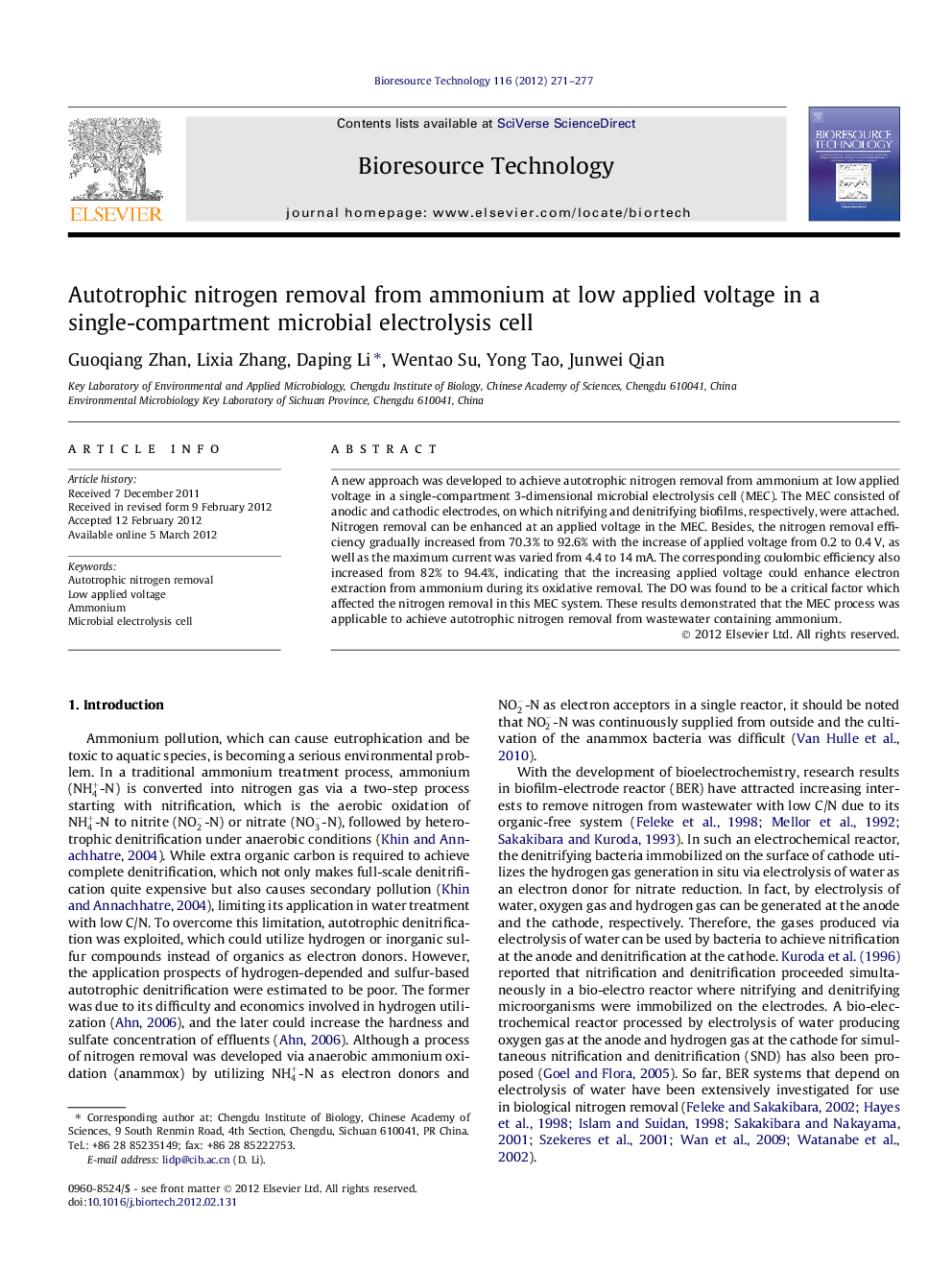 Autotrophic nitrogen removal from ammonium at low applied voltage in a single-compartment microbial electrolysis cell