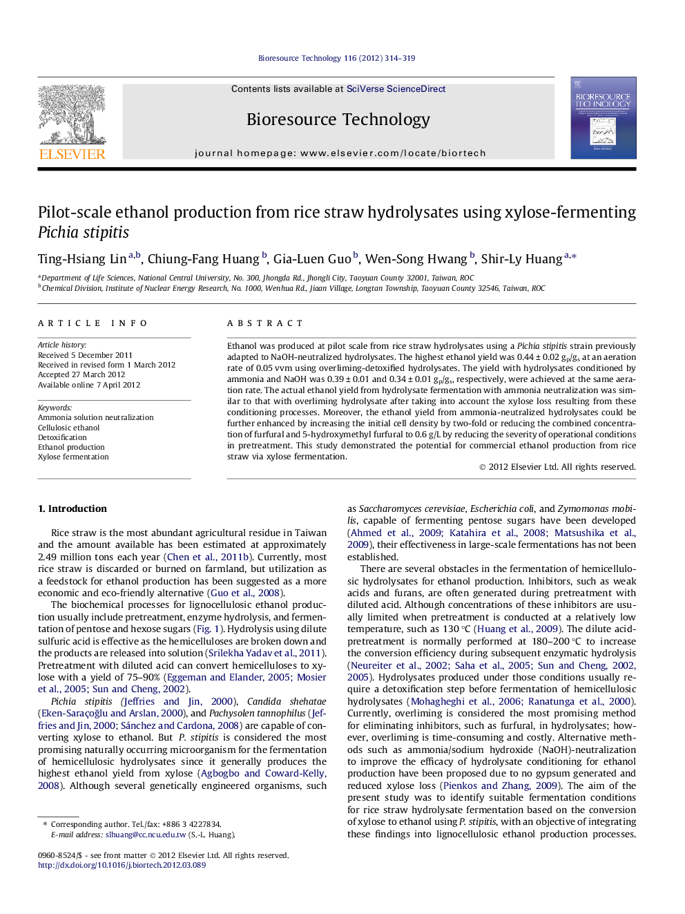 Pilot-scale ethanol production from rice straw hydrolysates using xylose-fermenting Pichia stipitis