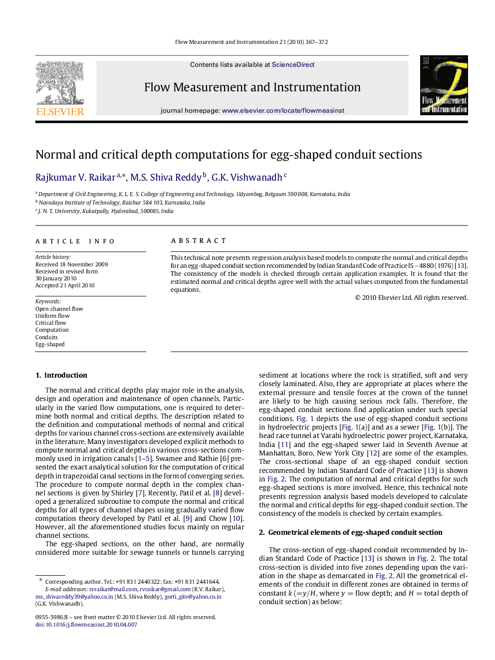 Normal and critical depth computations for egg-shaped conduit sections