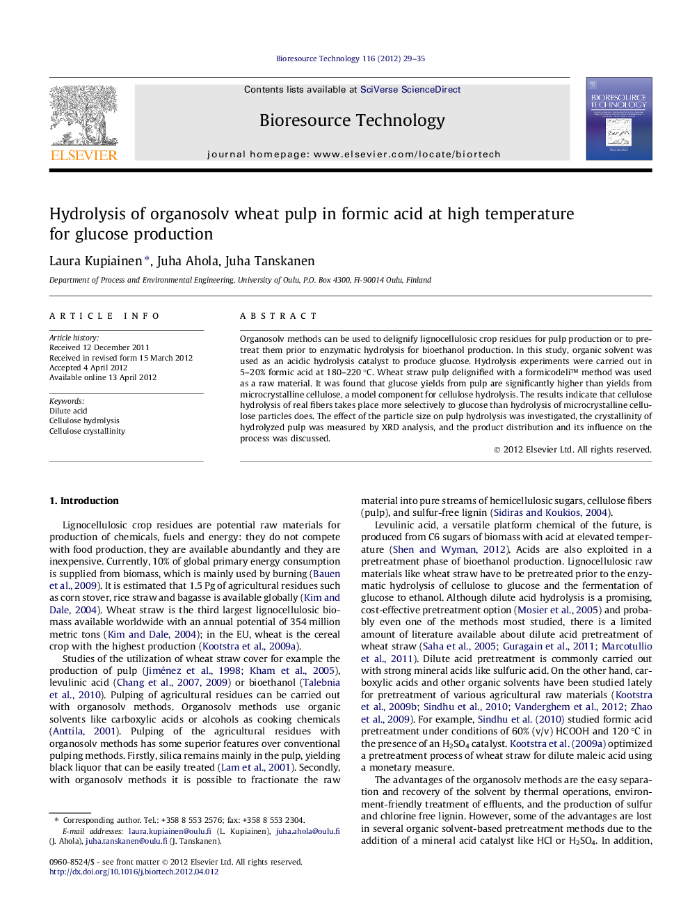 Hydrolysis of organosolv wheat pulp in formic acid at high temperature for glucose production