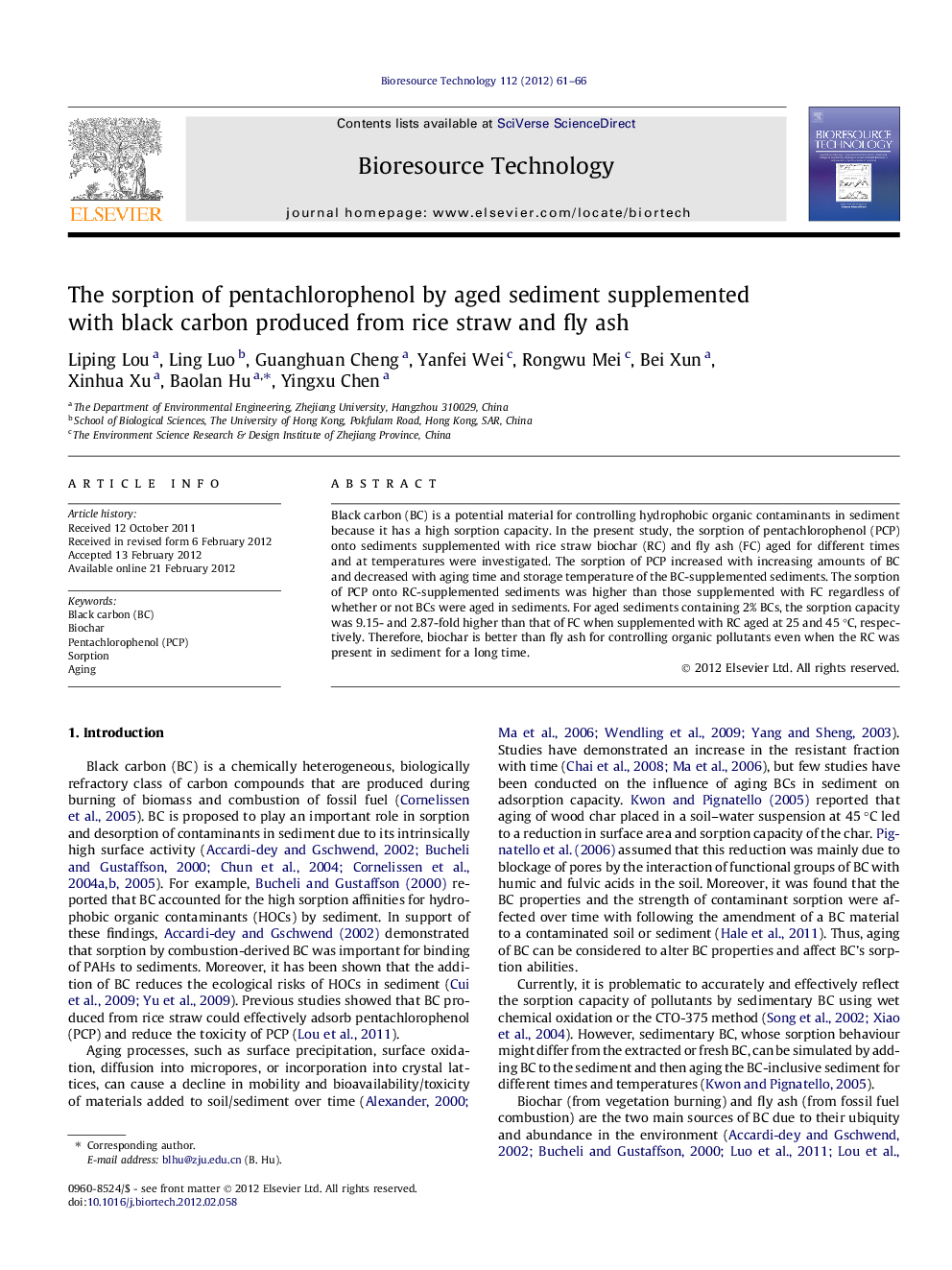 The sorption of pentachlorophenol by aged sediment supplemented with black carbon produced from rice straw and fly ash