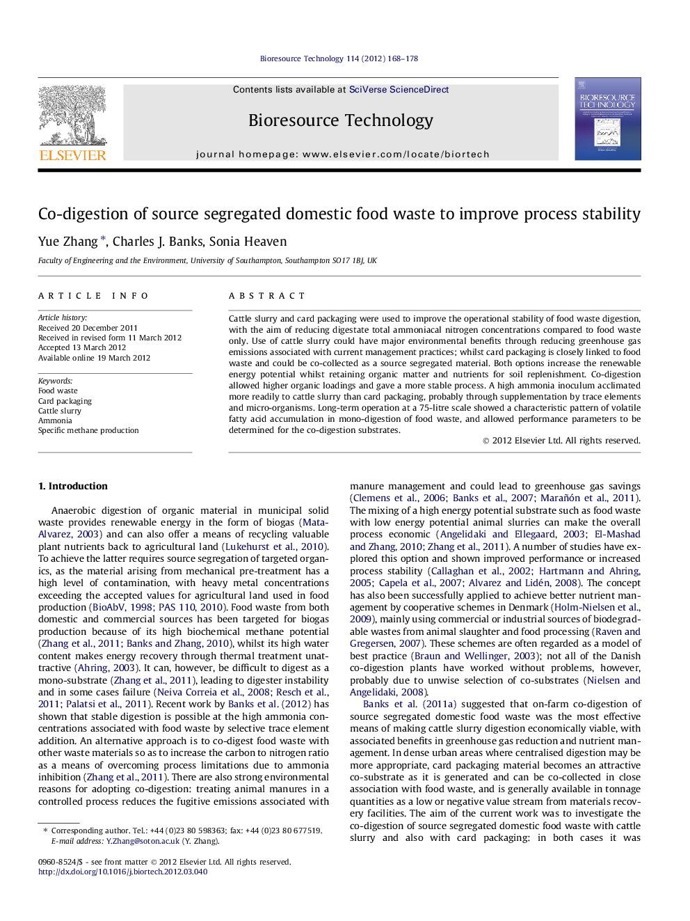 Co-digestion of source segregated domestic food waste to improve process stability