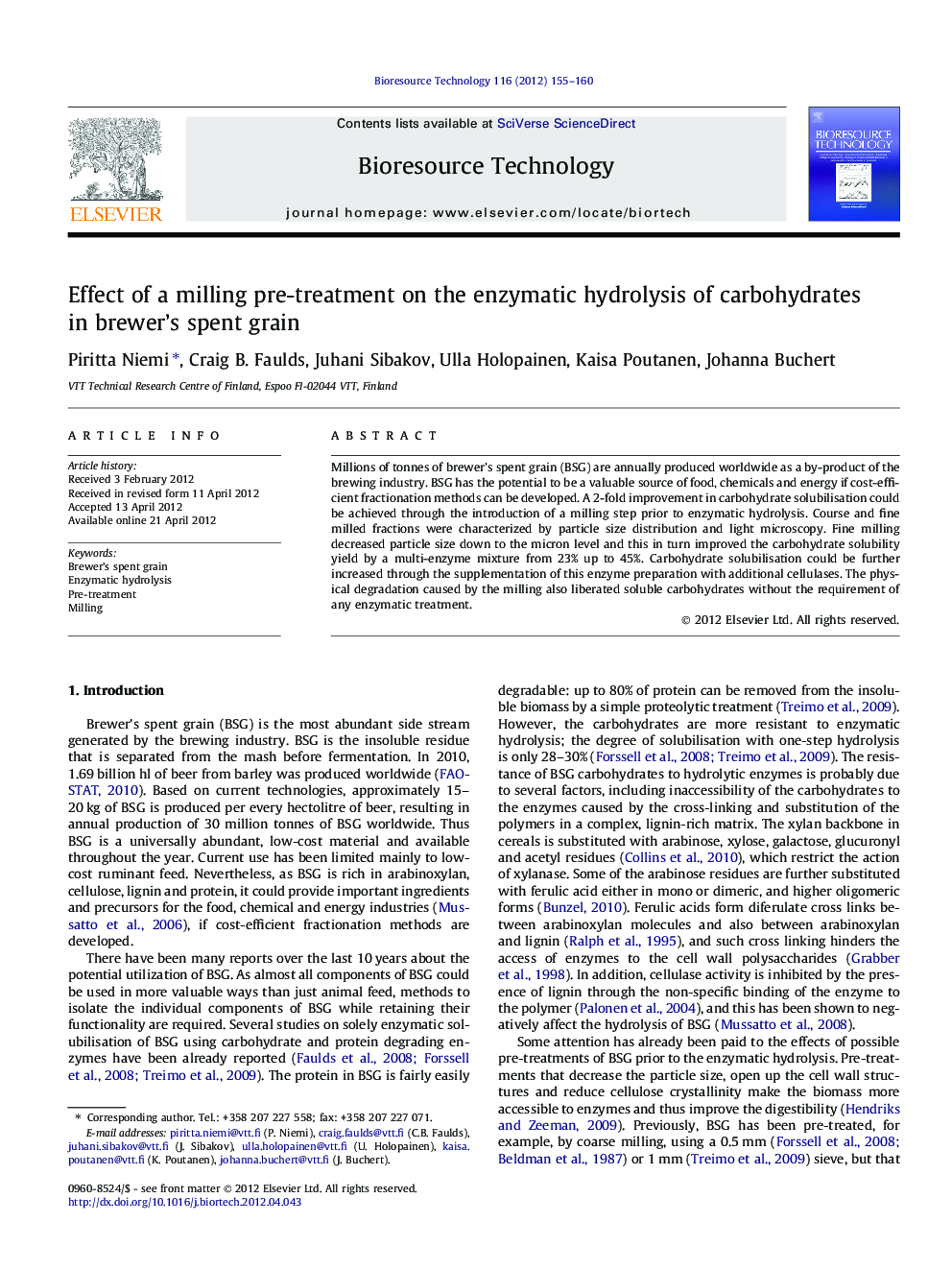 Effect of a milling pre-treatment on the enzymatic hydrolysis of carbohydrates in brewer's spent grain