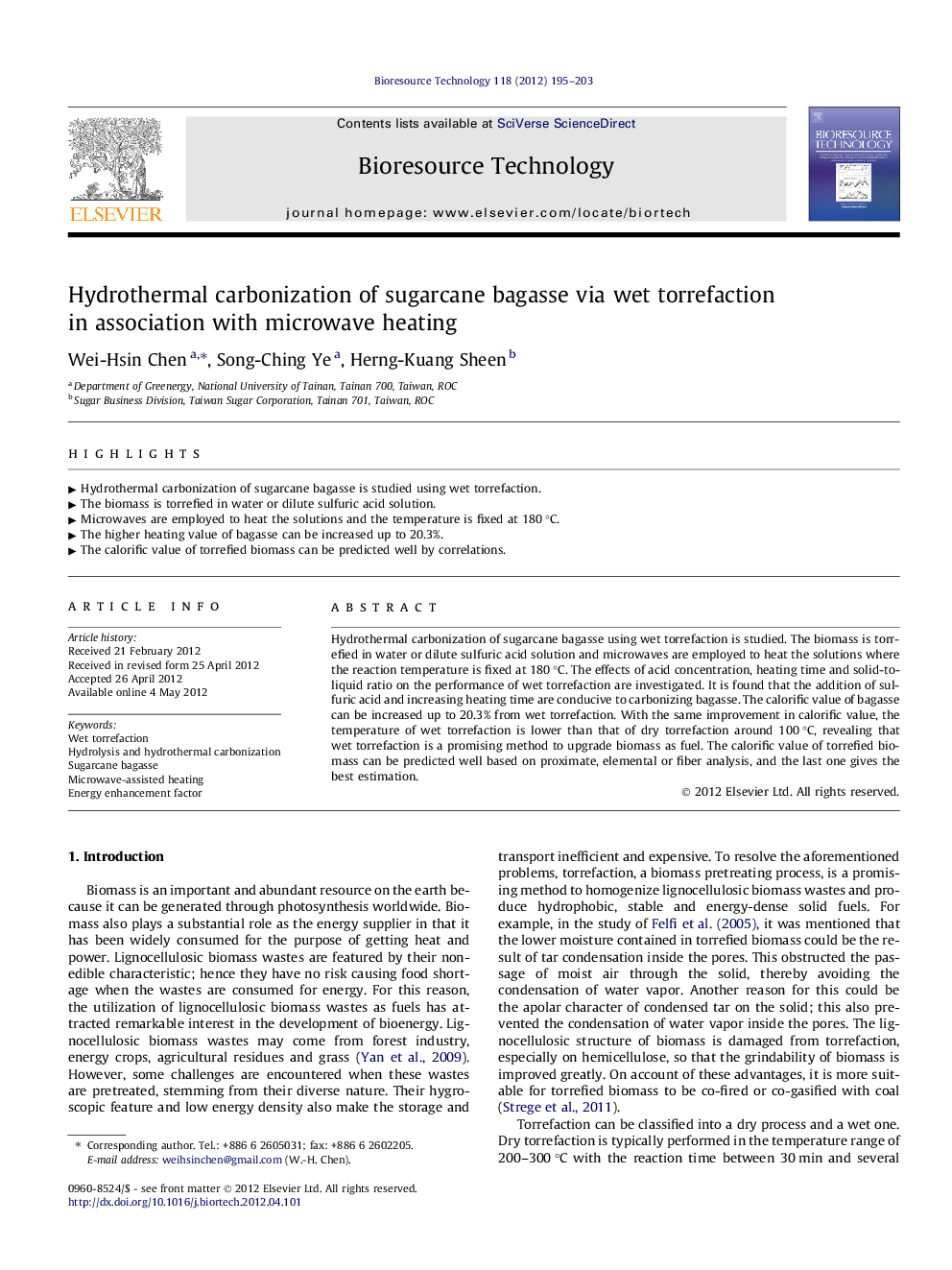 Hydrothermal carbonization of sugarcane bagasse via wet torrefaction in association with microwave heating