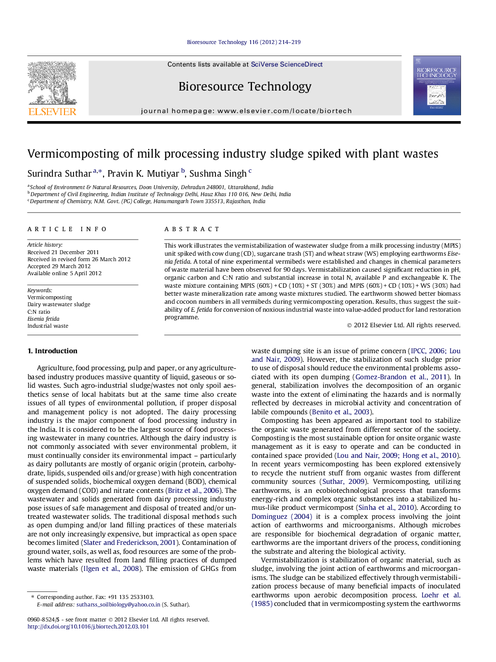 Vermicomposting of milk processing industry sludge spiked with plant wastes