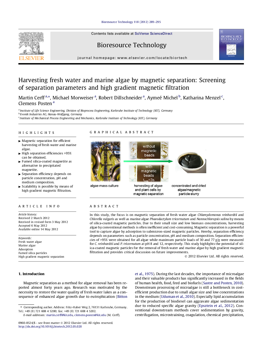 عکس صفحه اول مقاله: Harvesting fresh water and marine algae by magnetic separation: Screening of separation parameters and high gradient magnetic filtration Harvesting fresh water and marine algae by magnetic separation: Screening of separation parameters and high gradient magnetic filtration