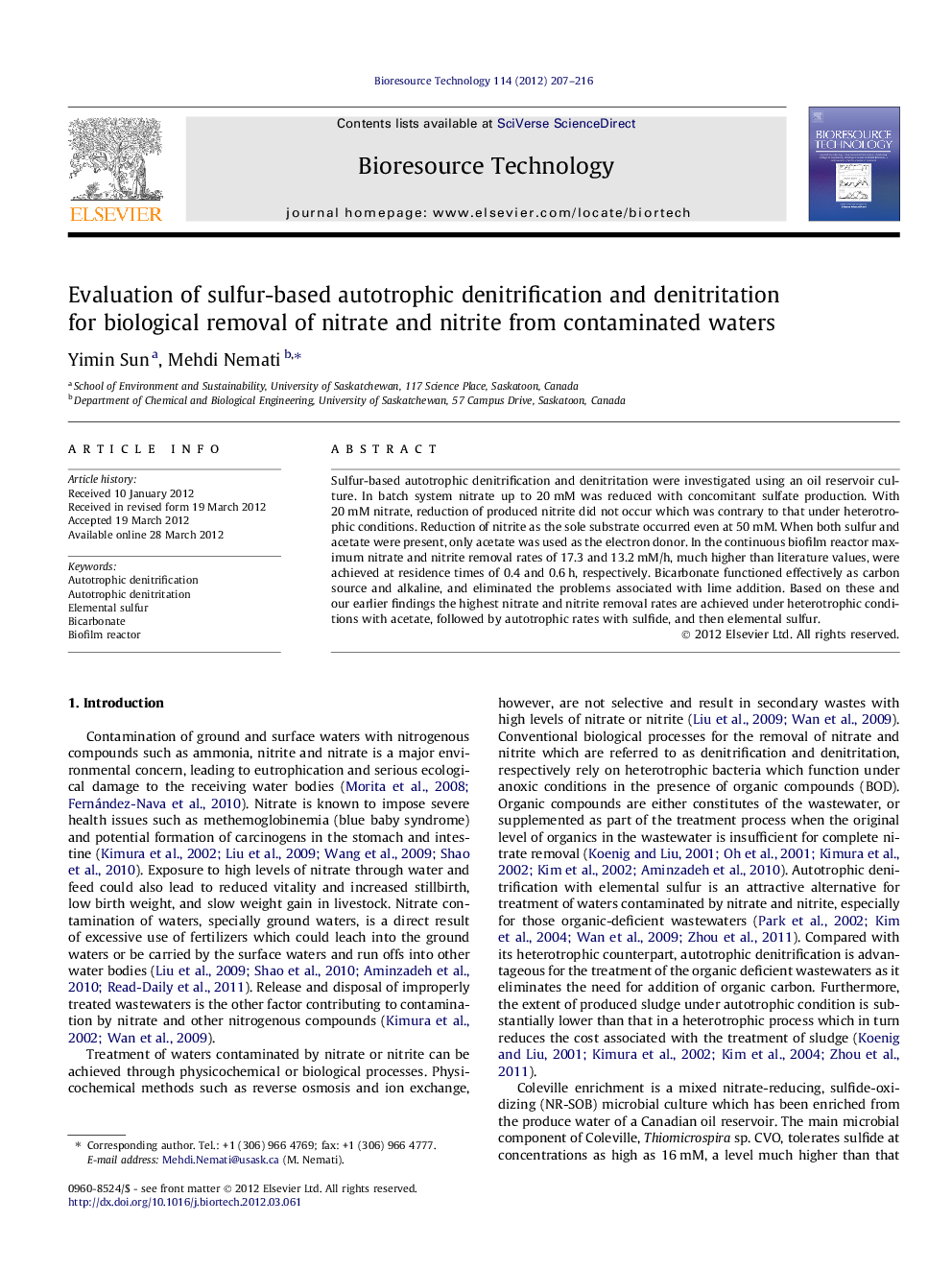 Evaluation of sulfur-based autotrophic denitrification and denitritation for biological removal of nitrate and nitrite from contaminated waters