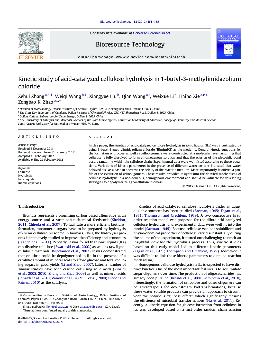 Kinetic study of acid-catalyzed cellulose hydrolysis in 1-butyl-3-methylimidazolium chloride