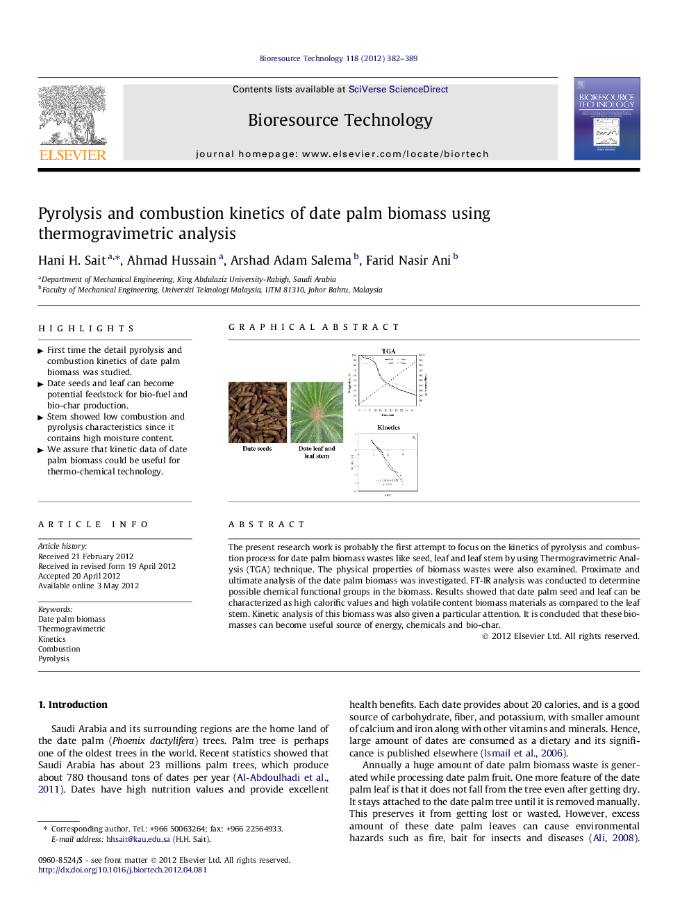 Pyrolysis and combustion kinetics of date palm biomass using thermogravimetric analysis