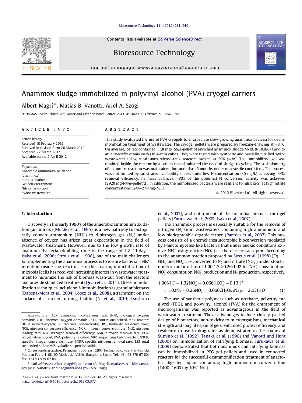 Anammox sludge immobilized in polyvinyl alcohol (PVA) cryogel carriers