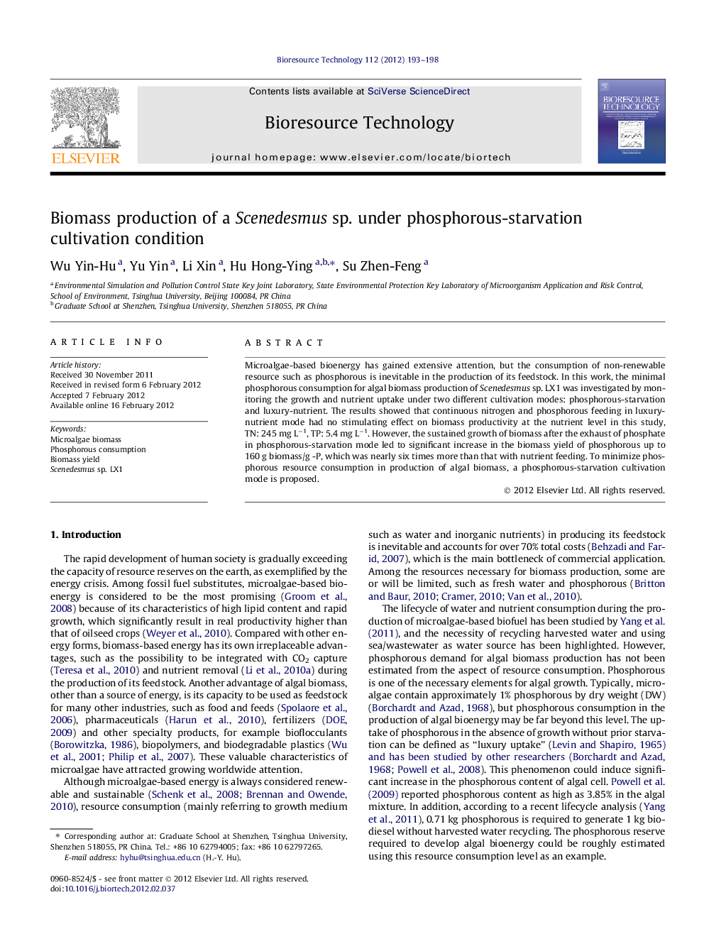 Biomass production of a Scenedesmus sp. under phosphorous-starvation cultivation condition