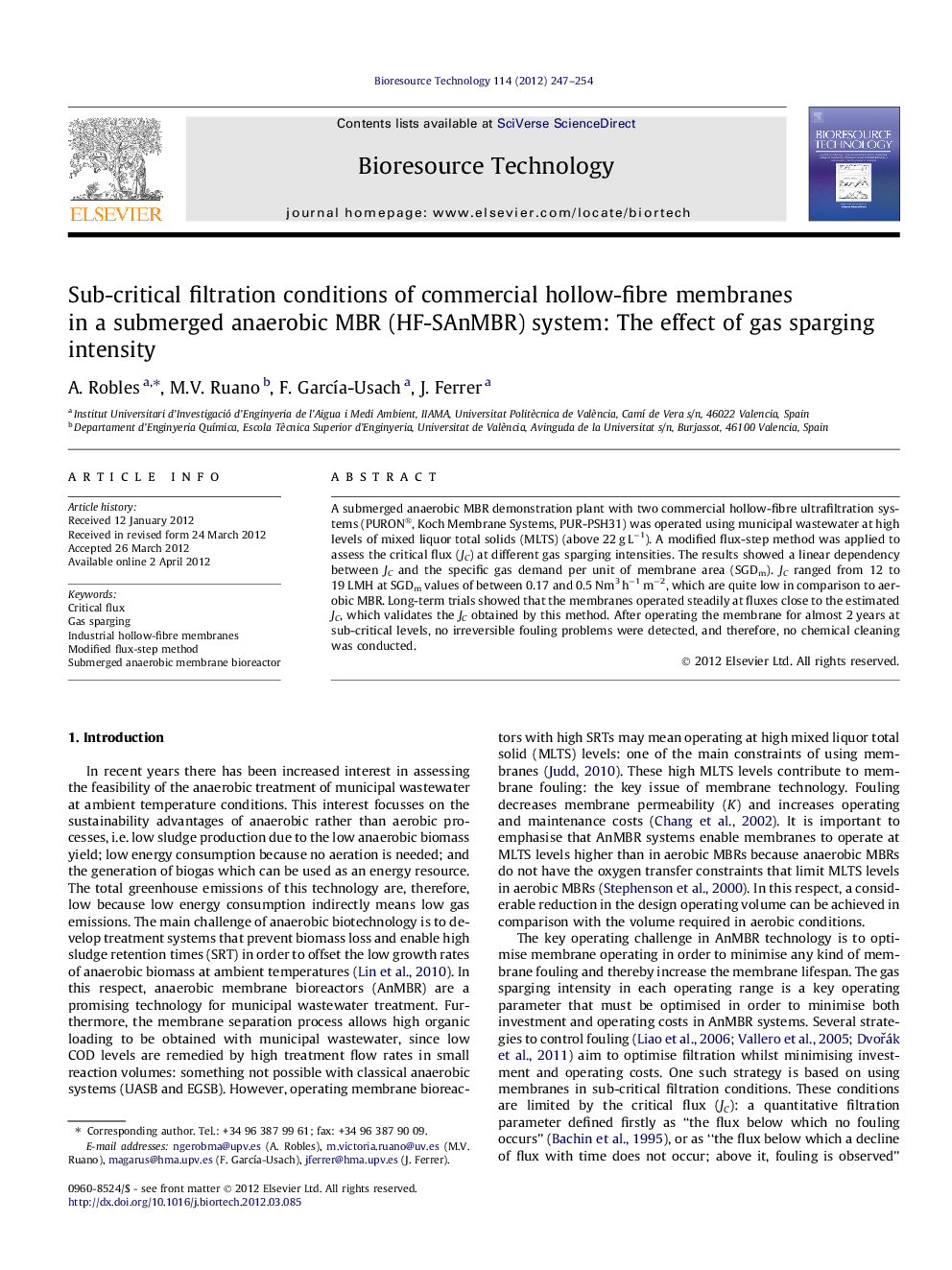 Sub-critical filtration conditions of commercial hollow-fibre membranes in a submerged anaerobic MBR (HF-SAnMBR) system: The effect of gas sparging intensity