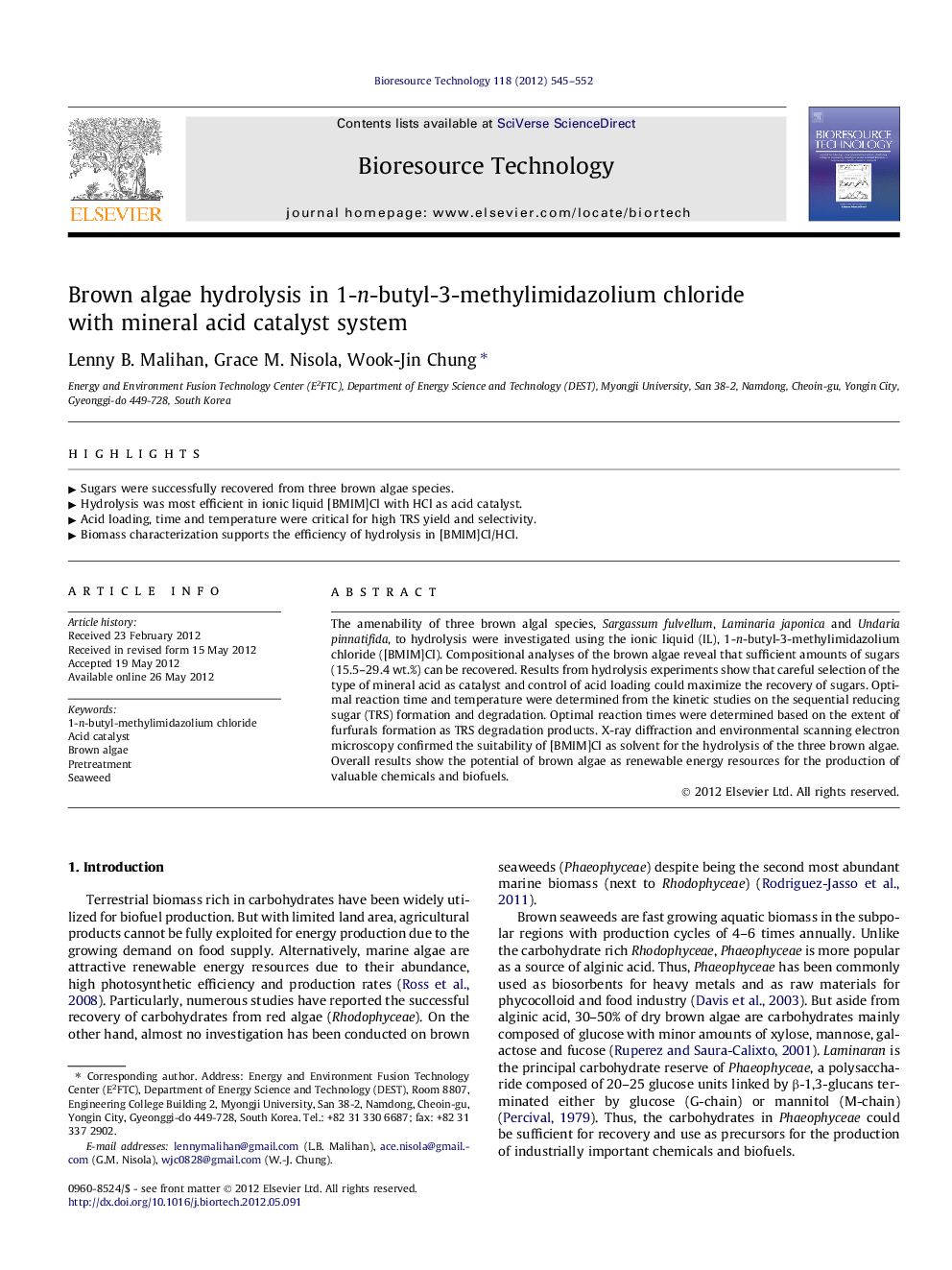 عکس صفحه اول مقاله: Brown algae hydrolysis in 1-n-butyl-3-methylimidazolium chloride with mineral acid catalyst system Brown algae hydrolysis in 1-n-butyl-3-methylimidazolium chloride with mineral acid catalyst system