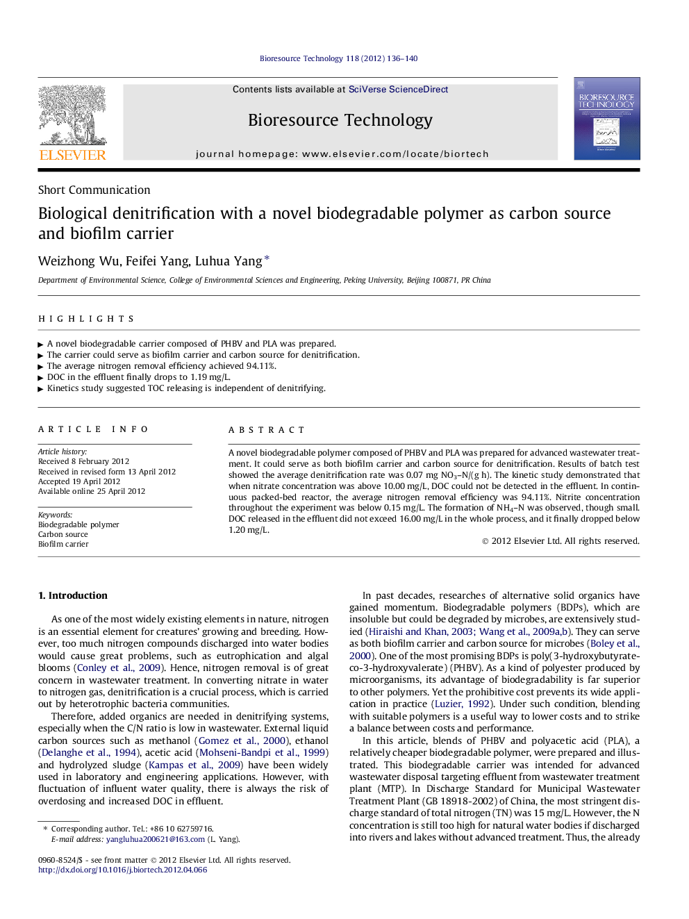 Biological denitrification with a novel biodegradable polymer as carbon source and biofilm carrier