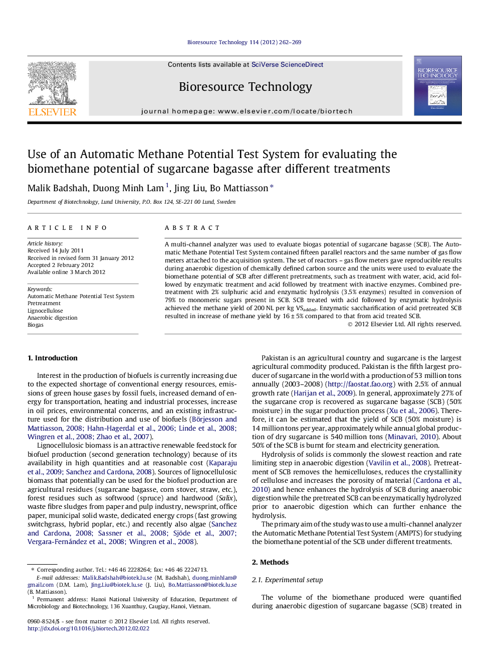 Use of an Automatic Methane Potential Test System for evaluating the biomethane potential of sugarcane bagasse after different treatments