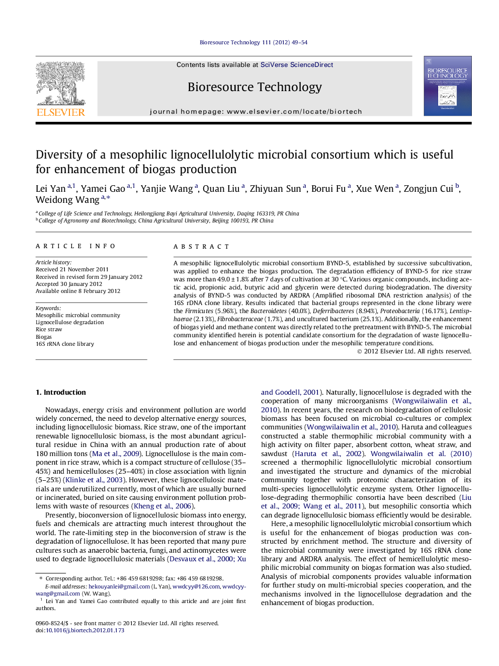 عکس صفحه اول مقاله: Diversity of a mesophilic lignocellulolytic microbial consortium which is useful for enhancement of biogas production Diversity of a mesophilic lignocellulolytic microbial consortium which is useful for enhancement of biogas production