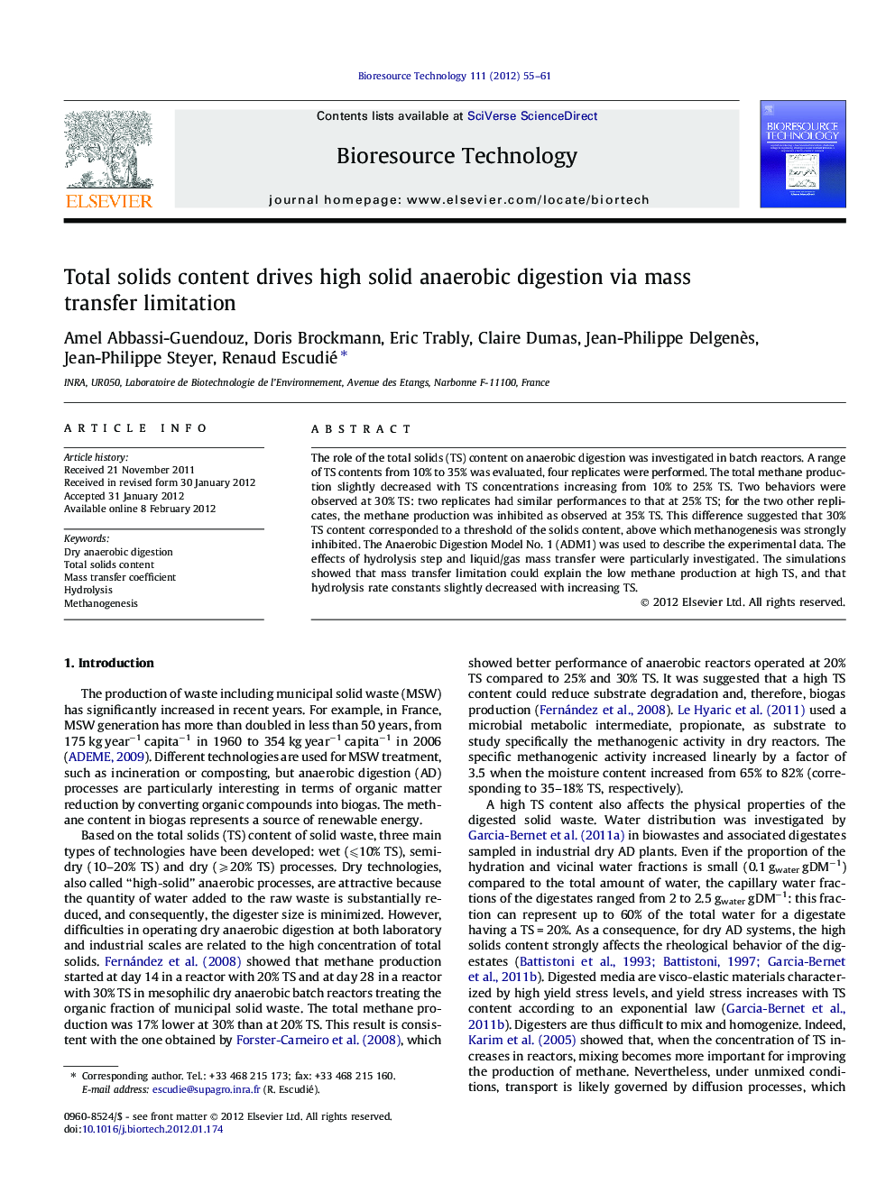 عکس صفحه اول مقاله: Total solids content drives high solid anaerobic digestion via mass transfer limitation Total solids content drives high solid anaerobic digestion via mass transfer limitation