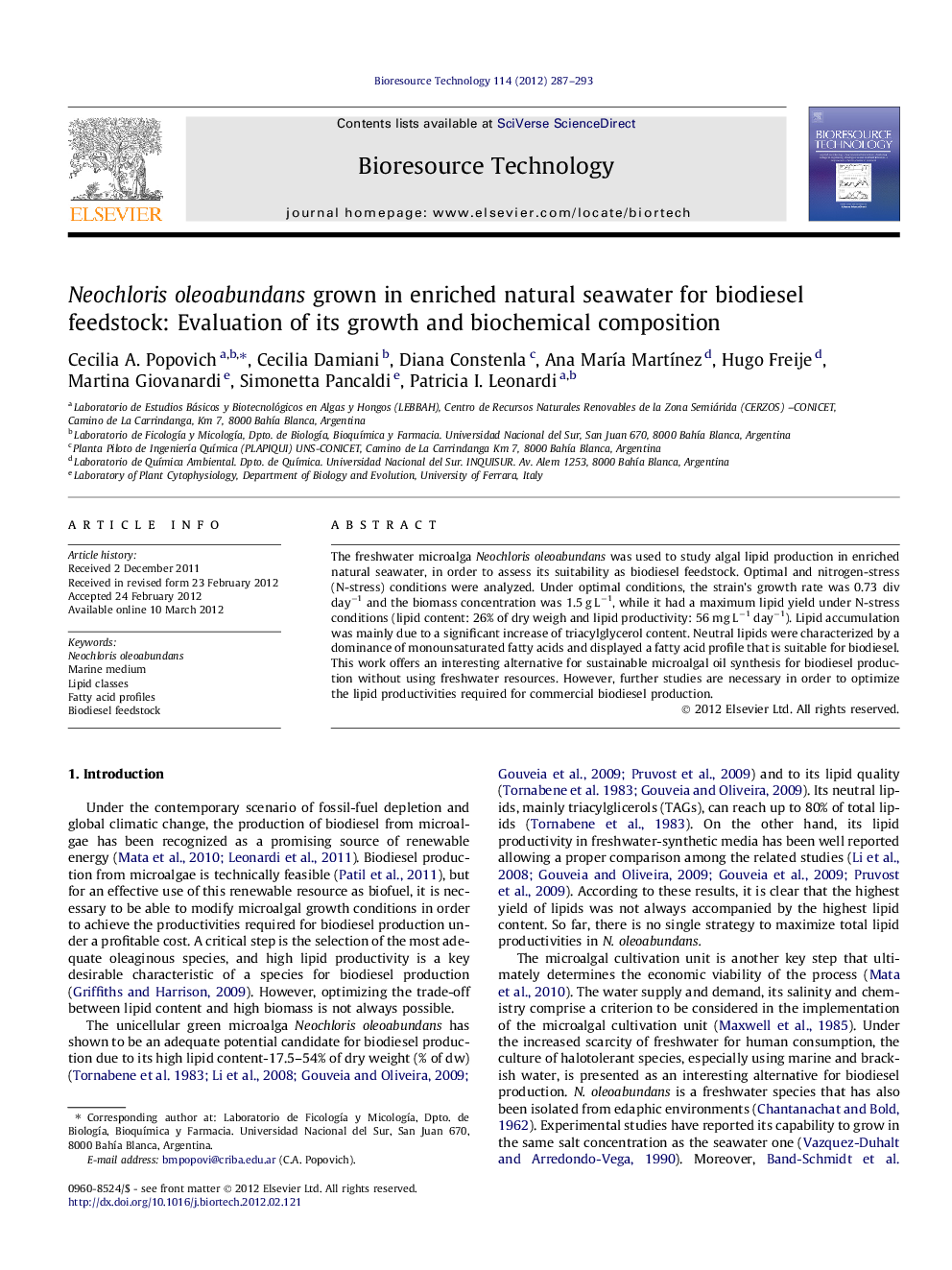 Neochloris oleoabundans grown in enriched natural seawater for biodiesel feedstock: Evaluation of its growth and biochemical composition