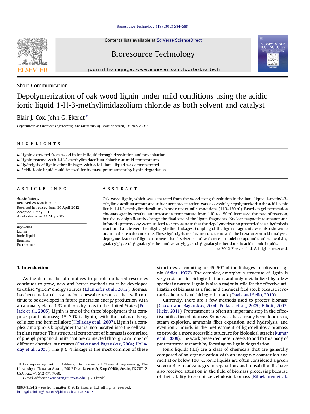 Depolymerization of oak wood lignin under mild conditions using the acidic ionic liquid 1-H-3-methylimidazolium chloride as both solvent and catalyst