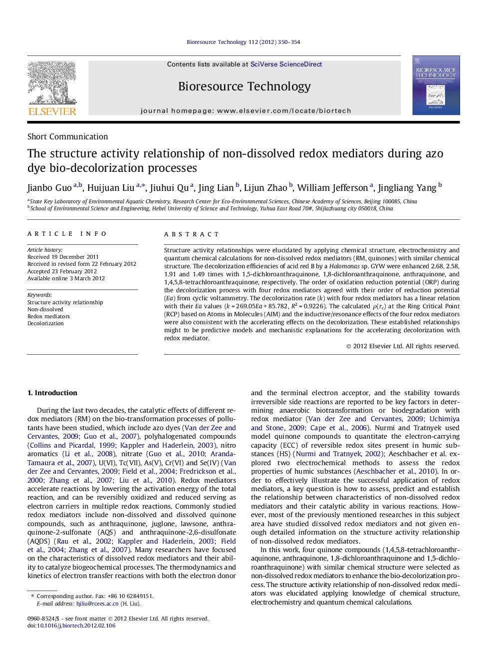 The structure activity relationship of non-dissolved redox mediators during azo dye bio-decolorization processes