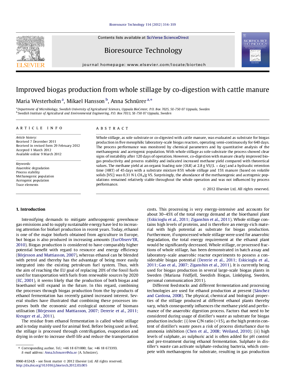 Improved biogas production from whole stillage by co-digestion with cattle manure