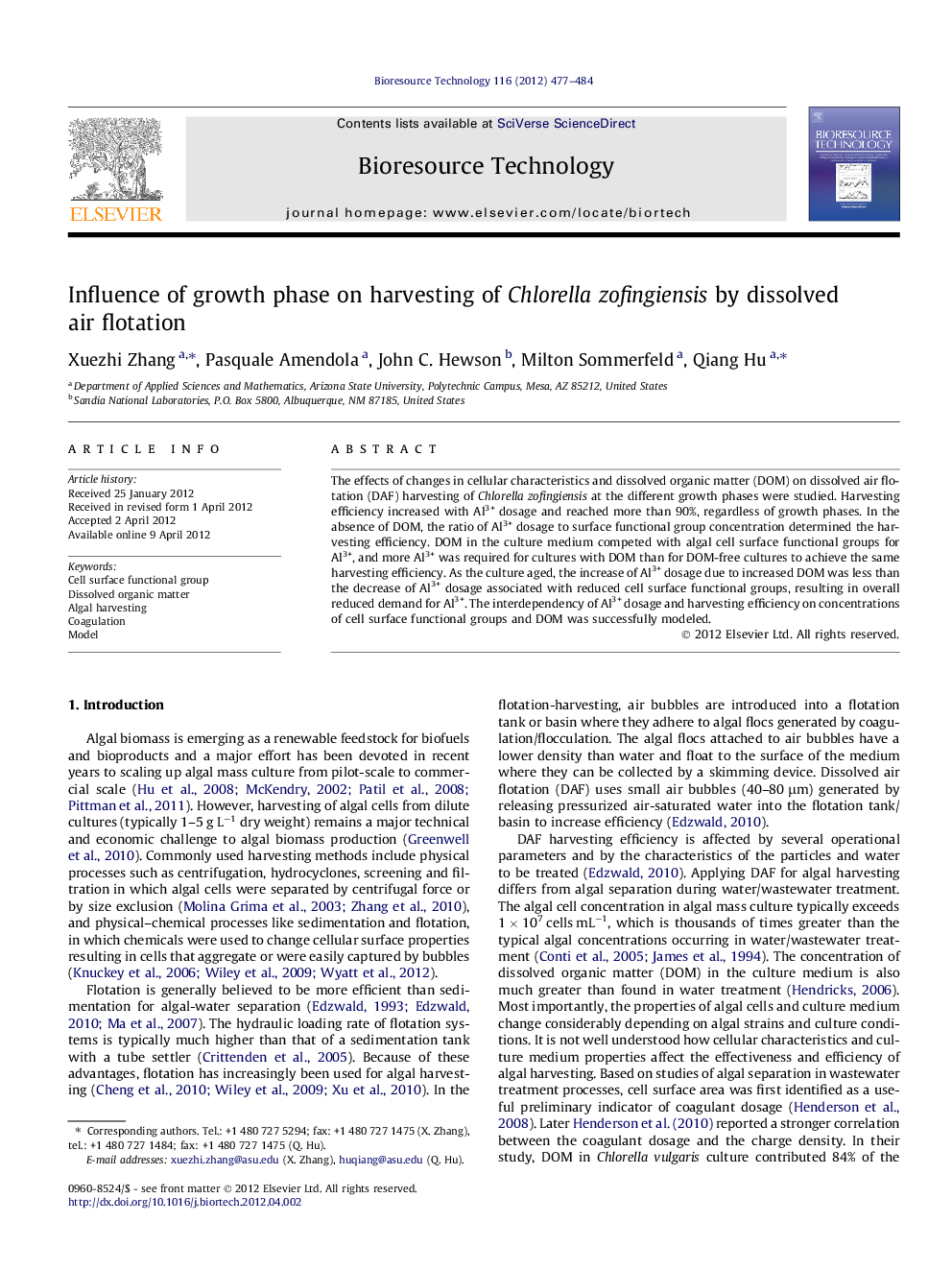 Influence of growth phase on harvesting of Chlorella zofingiensis by dissolved air flotation