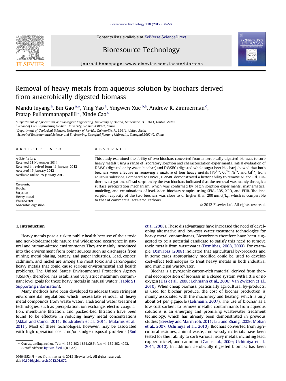 Removal of heavy metals from aqueous solution by biochars derived from anaerobically digested biomass