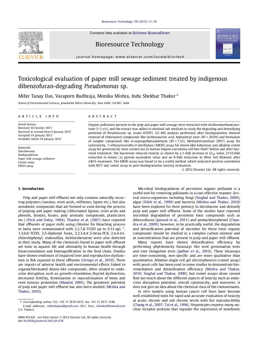 Toxicological evaluation of paper mill sewage sediment treated by indigenous dibenzofuran-degrading Pseudomonas sp.