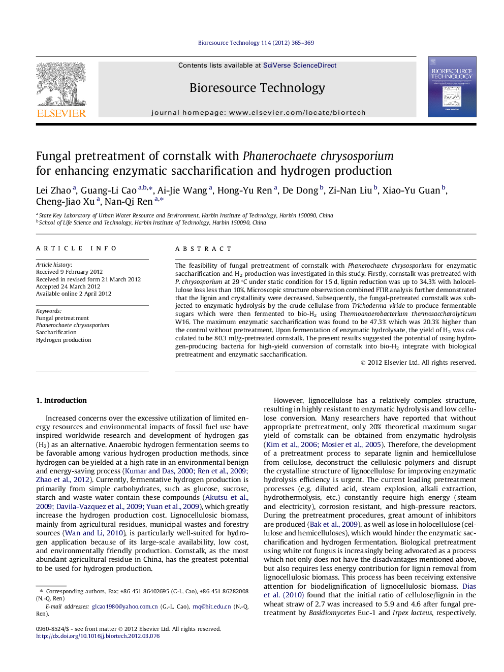 عکس صفحه اول مقاله: Fungal pretreatment of cornstalk with Phanerochaete chrysosporium for enhancing enzymatic saccharification and hydrogen production Fungal pretreatment of cornstalk with Phanerochaete chrysosporium for enhancing enzymatic saccharification and hydrogen production