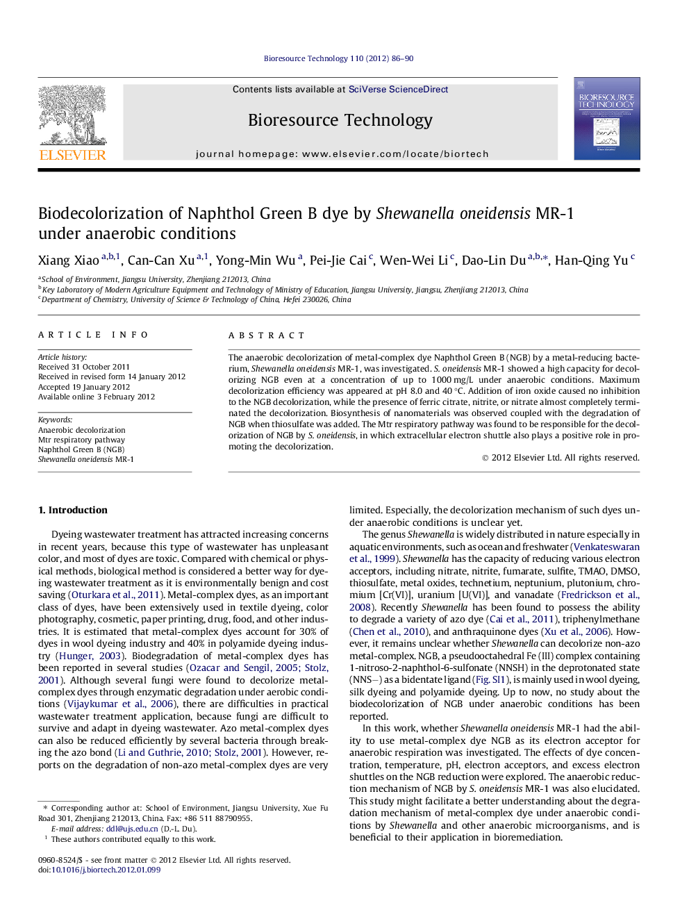 Biodecolorization of Naphthol Green B dye by Shewanella oneidensis MR-1 under anaerobic conditions