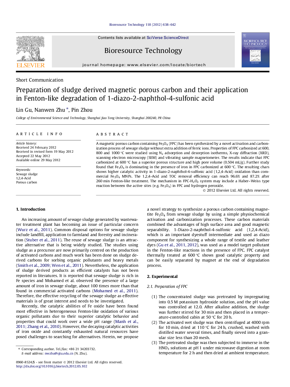 عکس صفحه اول مقاله: Preparation of sludge derived magnetic porous carbon and their application in Fenton-like degradation of 1-diazo-2-naphthol-4-sulfonic acid Preparation of sludge derived magnetic porous carbon and their application in Fenton-like degradation of 1-diazo-2-naphthol-4-sulfonic acid
