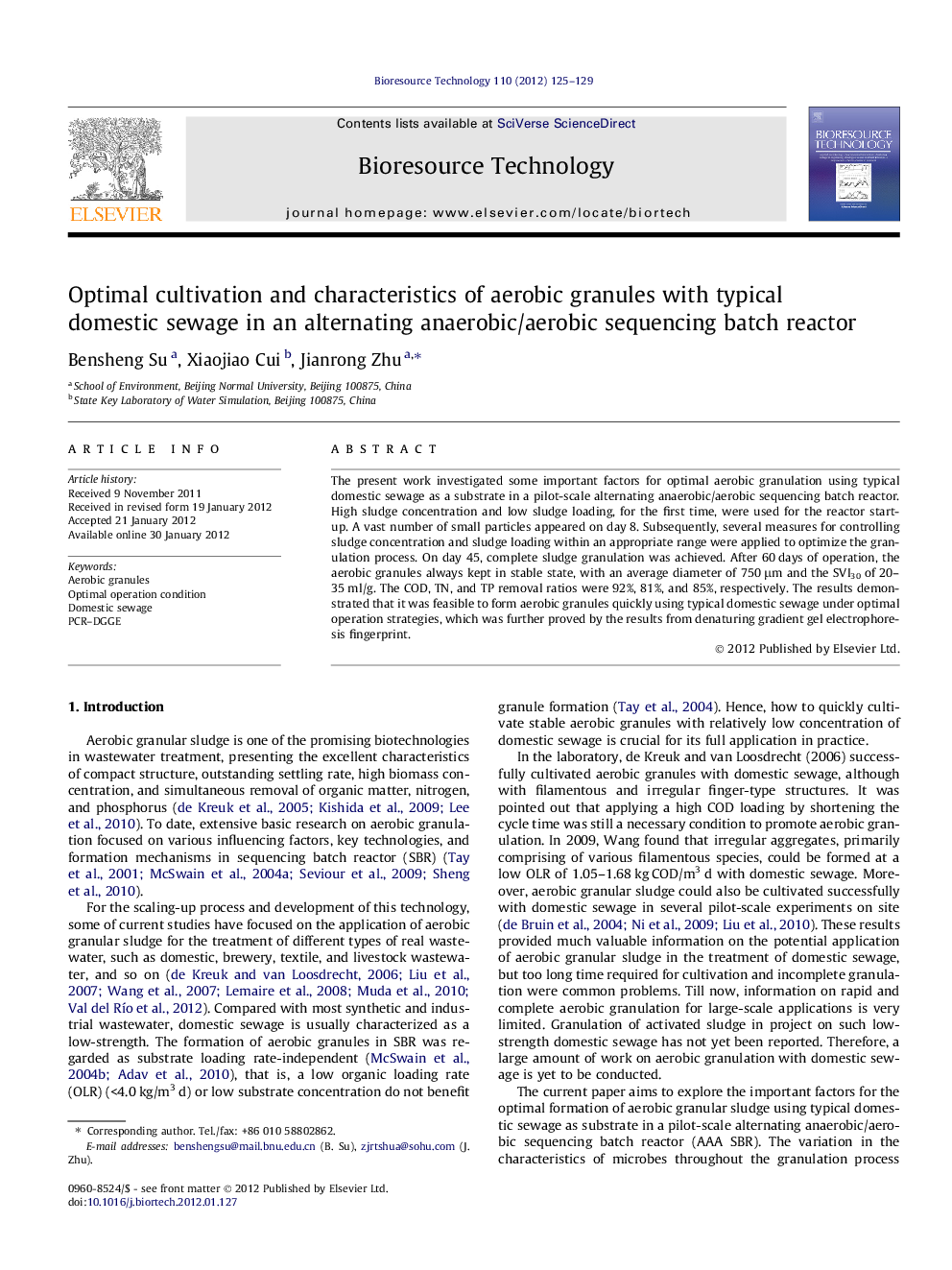 Optimal cultivation and characteristics of aerobic granules with typical domestic sewage in an alternating anaerobic/aerobic sequencing batch reactor