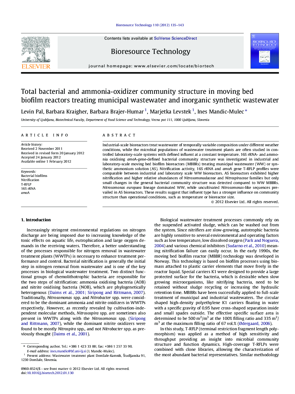 Total bacterial and ammonia-oxidizer community structure in moving bed biofilm reactors treating municipal wastewater and inorganic synthetic wastewater