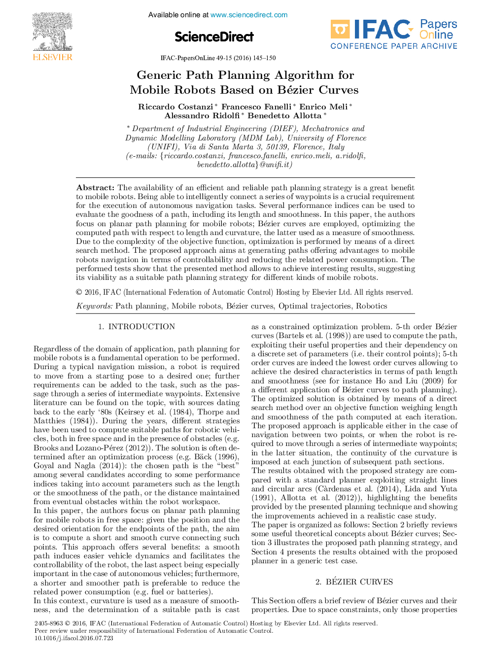 Generic Path Planning Algorithm for Mobile Robots Based on Bézier Curves