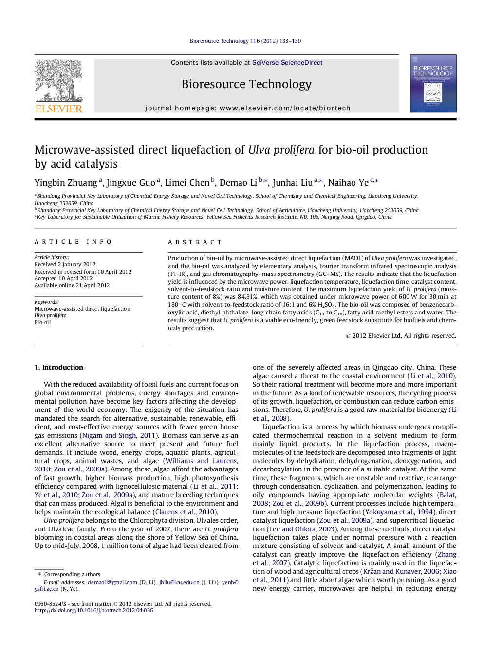 Microwave-assisted direct liquefaction of Ulva prolifera for bio-oil production by acid catalysis