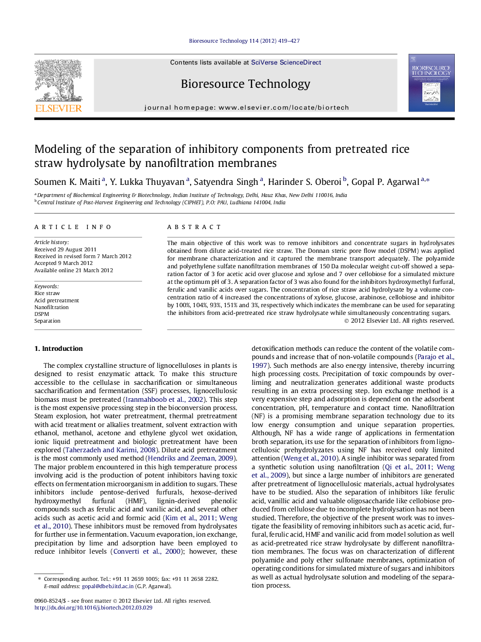 Modeling of the separation of inhibitory components from pretreated rice straw hydrolysate by nanofiltration membranes