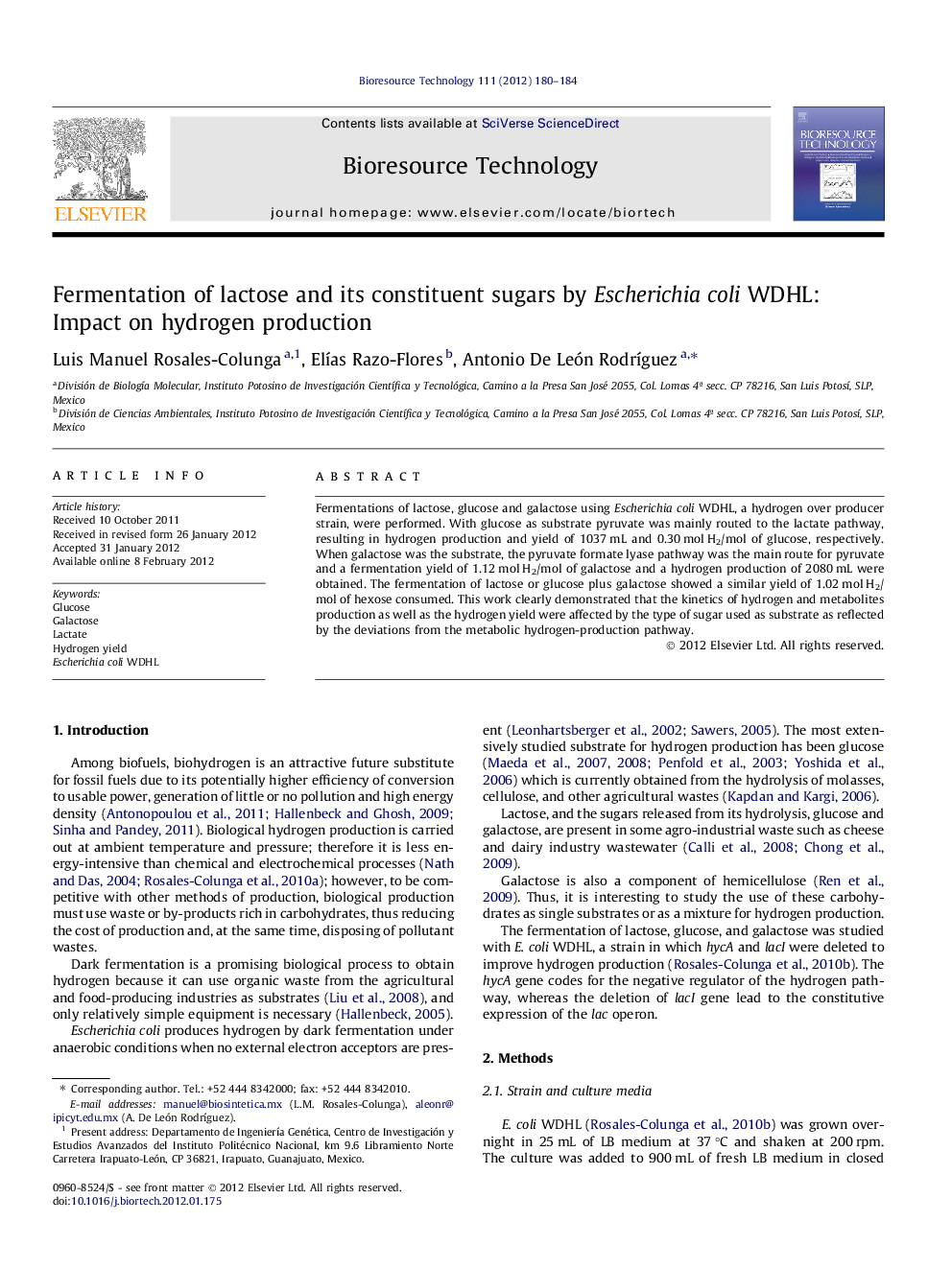 Fermentation of lactose and its constituent sugars by Escherichia coli WDHL: Impact on hydrogen production